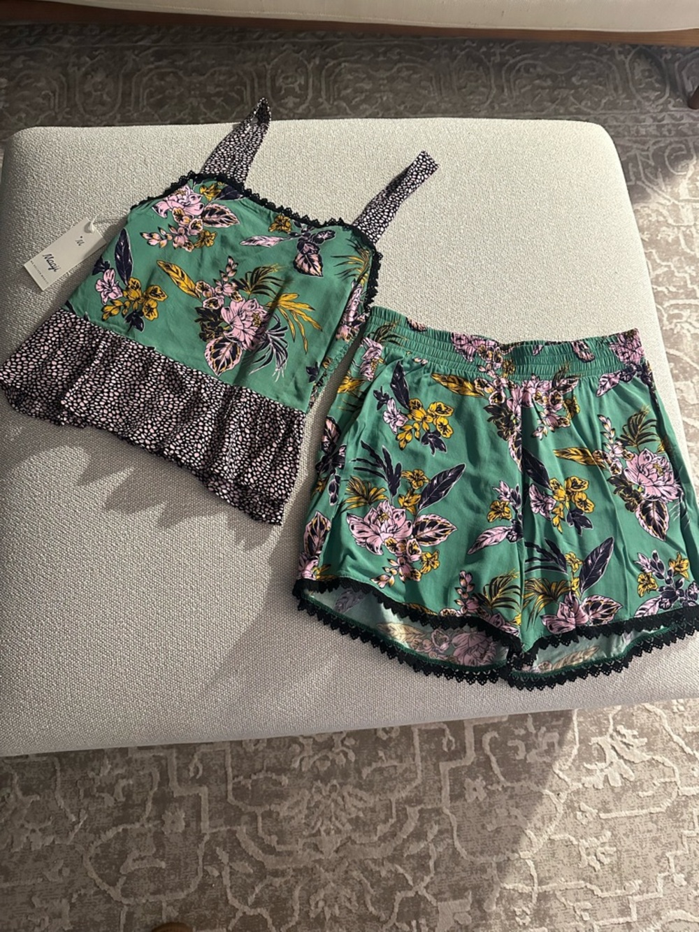 Maaji Green Floral Lace-Trim Cami & Shorts Sleep Set